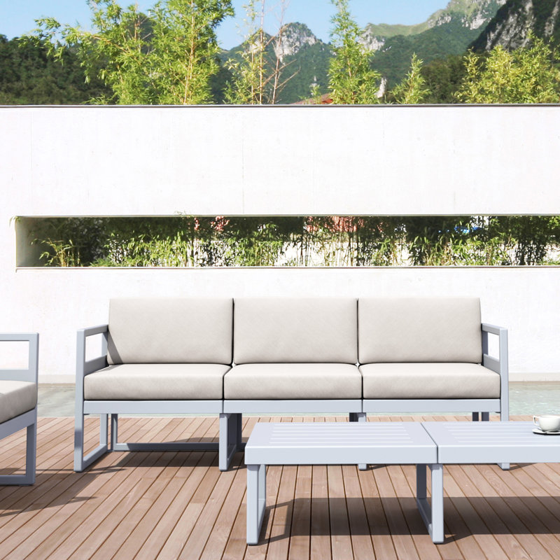 Larry 79'' Wide Straight Patio Sofa with Sunbrella® Cushions, Canvas Natural Sunbrella® Canvas, Silver/Gray