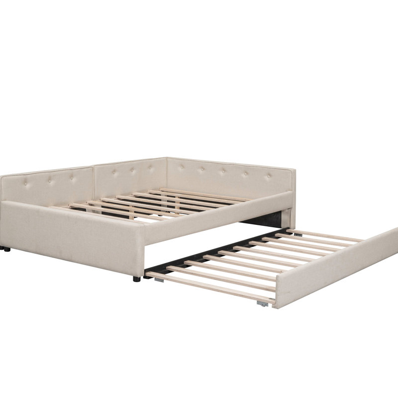 Lit plateforme double tapissier pleine grandeur beige avec lit gigogne et construction, sans sommier tapissier