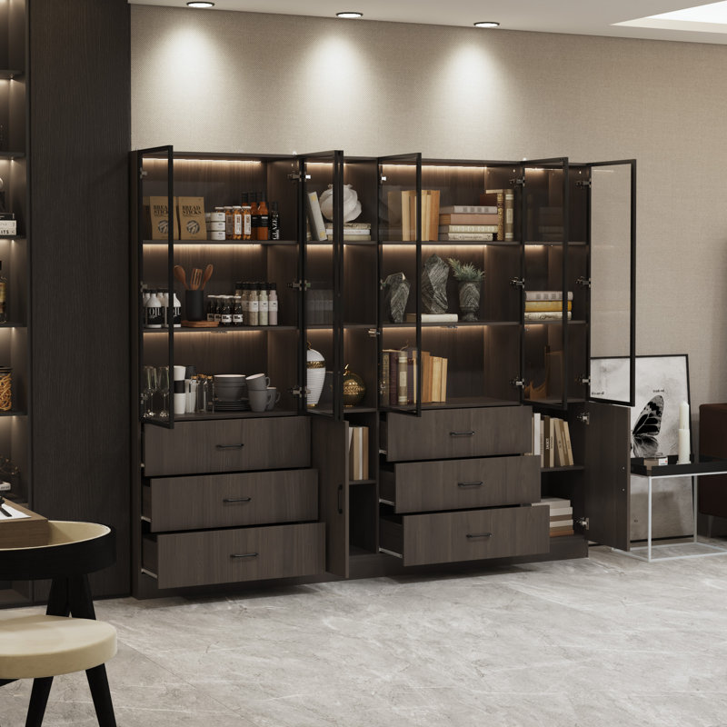 Carlos Modern Aluminum Frame Bookcase Set With Tempered Glass Doors, 3-Color LED Lighting, And Storage Drawers