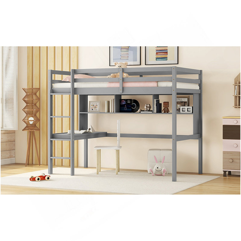 Lit mezzanine simple avec bureau et tablettes, barrière de sécurité et échelle, Grey