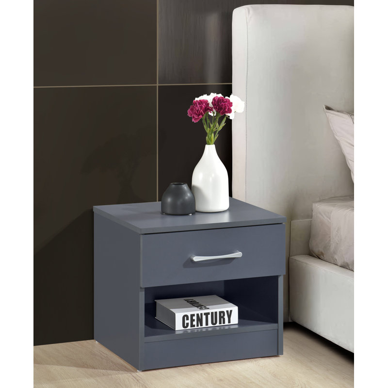 Highbury White 1 Drawer Open Shelf Bedside Table Nightstand, Dark Grey
