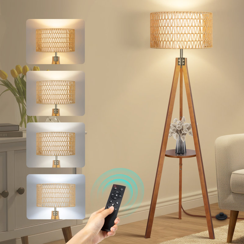 Wicker Double Lampshade Dimmable Tripod Floor Lamp With Shelves And Remote Control, Brown