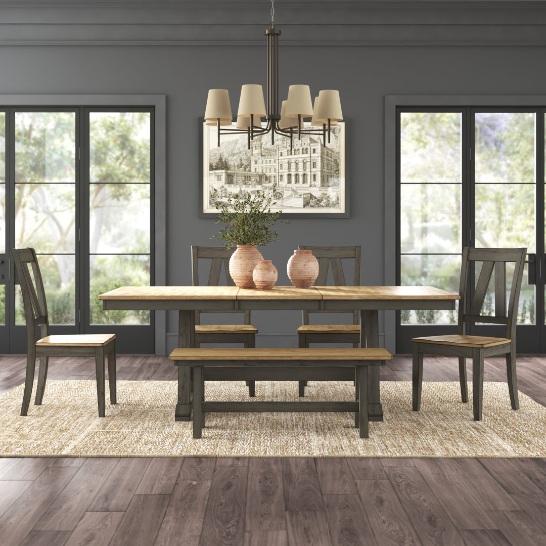 Keswick 6 Person Trestle Table Set w/ 4 Splat Back Side Chairs, 1 Bench, & 1 Server Greyleigh™