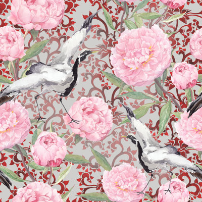 Crane Birds, Peony by Zzorik - Wrapped Canvas Painting