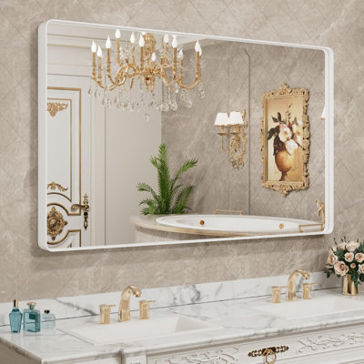 60X28 Inch Bathroom Mirror, Rounded Rectangle Metal Frame Mirror, Anti-Rust, Shatter Proof, Hangs Horizontally Or Vertically