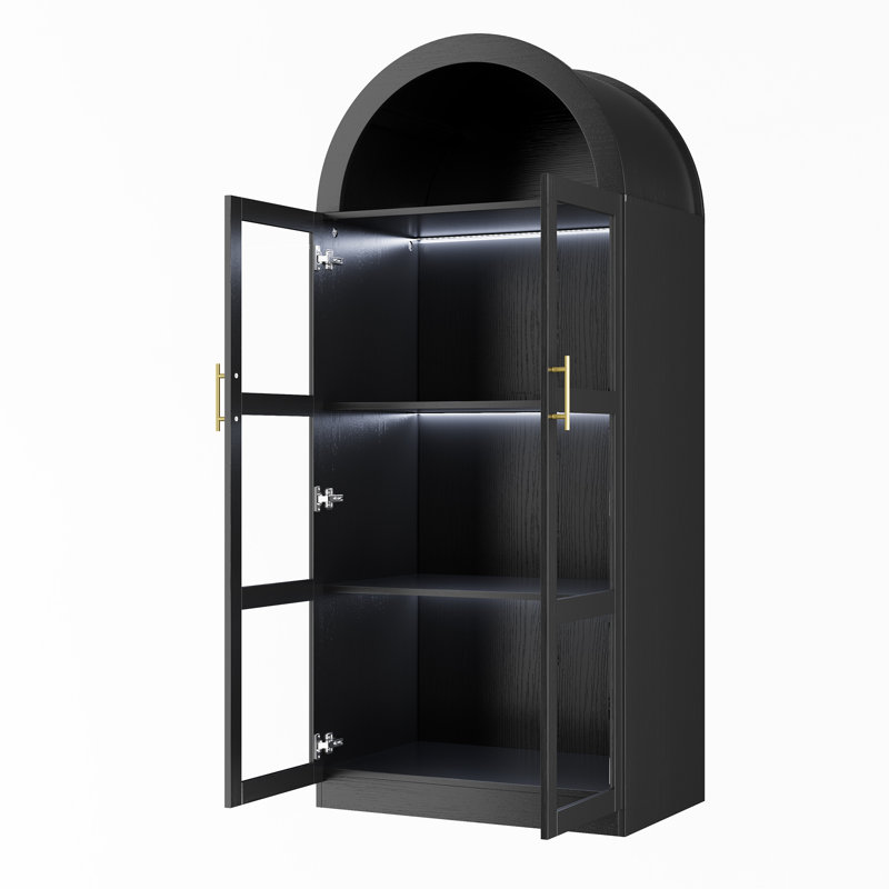 Vitrine de 69 po de haut avec porte en verre arquée moderne avec éclairage DEL, bibliothèque de rangement à 4 niveaux, Noir
