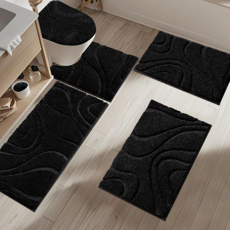 5 Piece Soft Absorbent Microfiber Bath Rug Set with Non-Slip Backing, Black