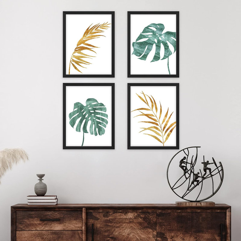 Ensemble de 4 feuilles de palmier à motif floral, impression murale encadrée sur papier, 4 pièces, H 10 po x l 8 po x P 1 po
