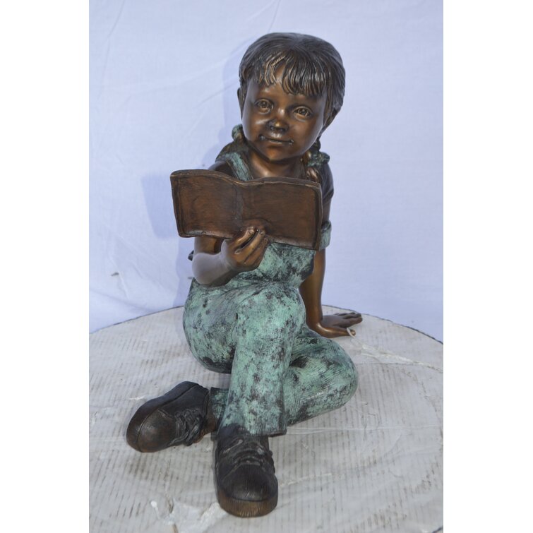 Young Girl Laying and Reading Book Bronze Statue NIFAO