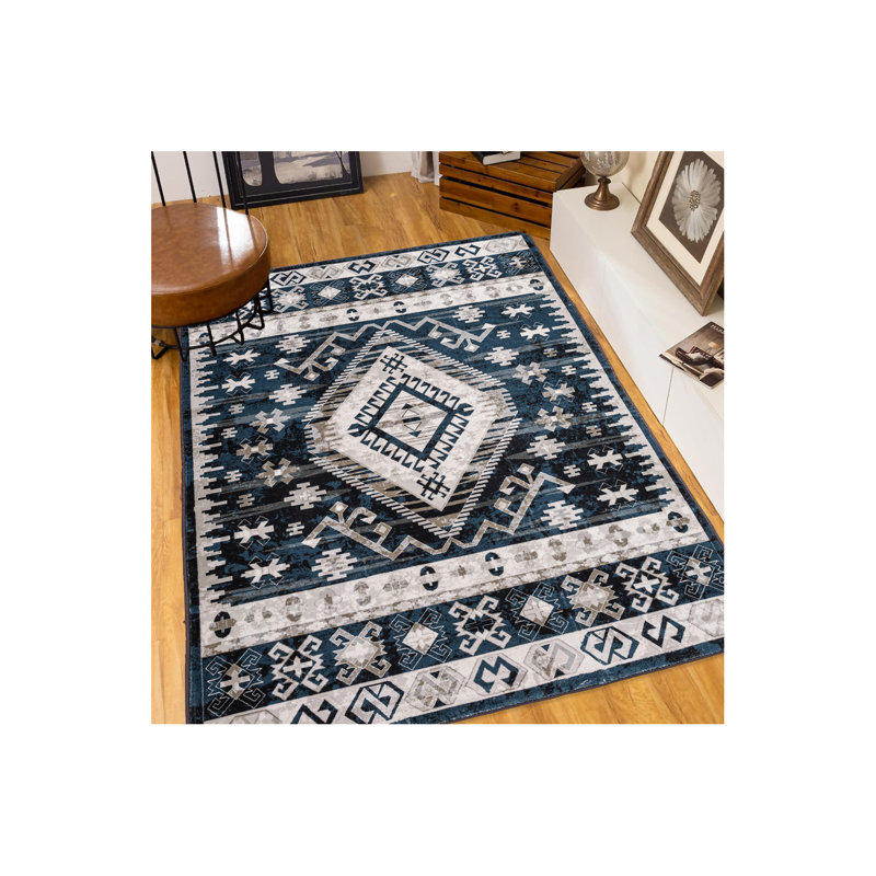 Area Rug 8X10 Vintage Bohemia Large Persian Non-Slip Washable Rug For Living Room Kitchen Bedroom Living Room Geometry Blue/Black