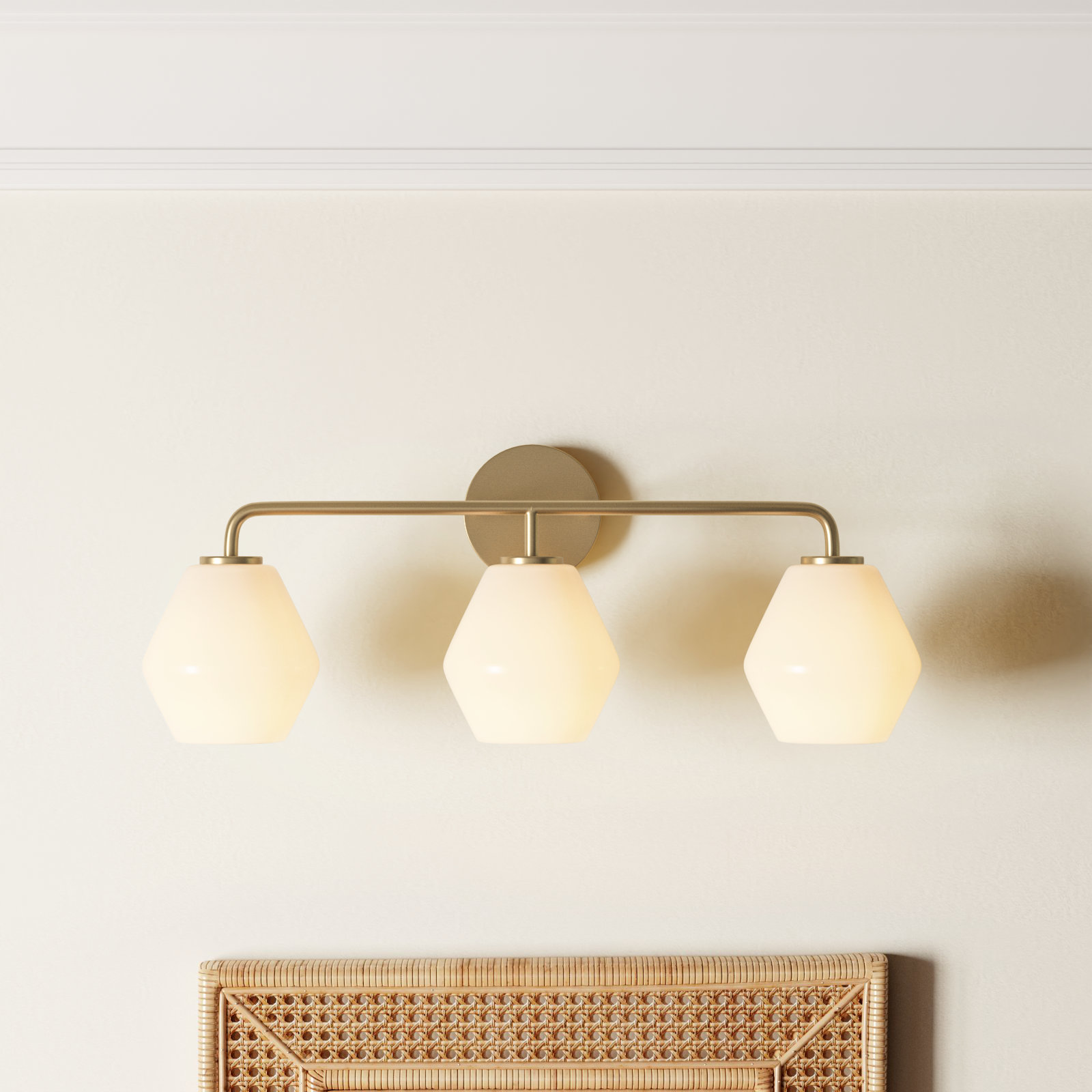 Rooks 3-Light Dimmable Vanity Light, Satin Brass, White