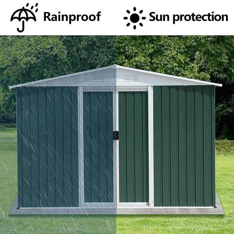 8X6 Feet Outdoor Storage Garden Shed Apex Roof Green With Aluminum Alloy Frame And Sliding Door, 72.6" H x 99.6" W x 70.4" D