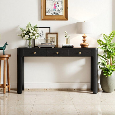 Console en bois avec 3 tiroirs, coins de sécurité arrondis, pieds réglables en bois massif pour l'entrée, le couloir et le salon