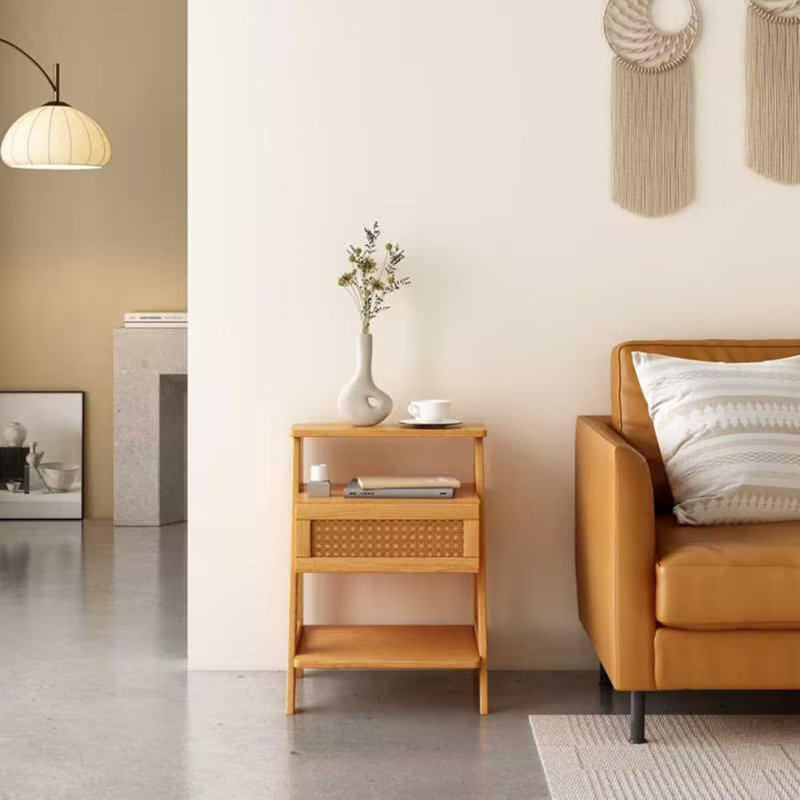 Wooden Nightstand With Drawer Rattan Bedside Tables