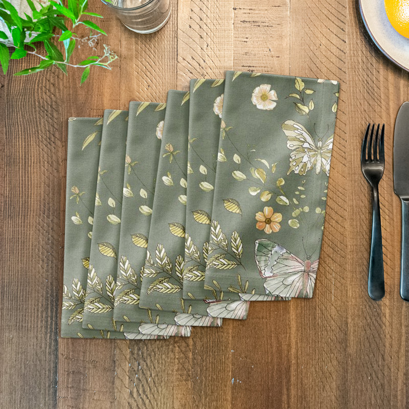 Amke Cotton Twill Floral Rectangle Napkin, Olive Green
