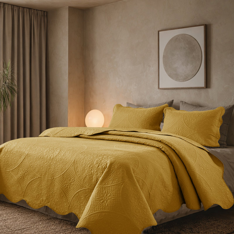 Floral Embossed Microfiber Quilted Bedspread Set, Queen Coverlet/Bedspread + 2 Standard Pillowcases, Ochre