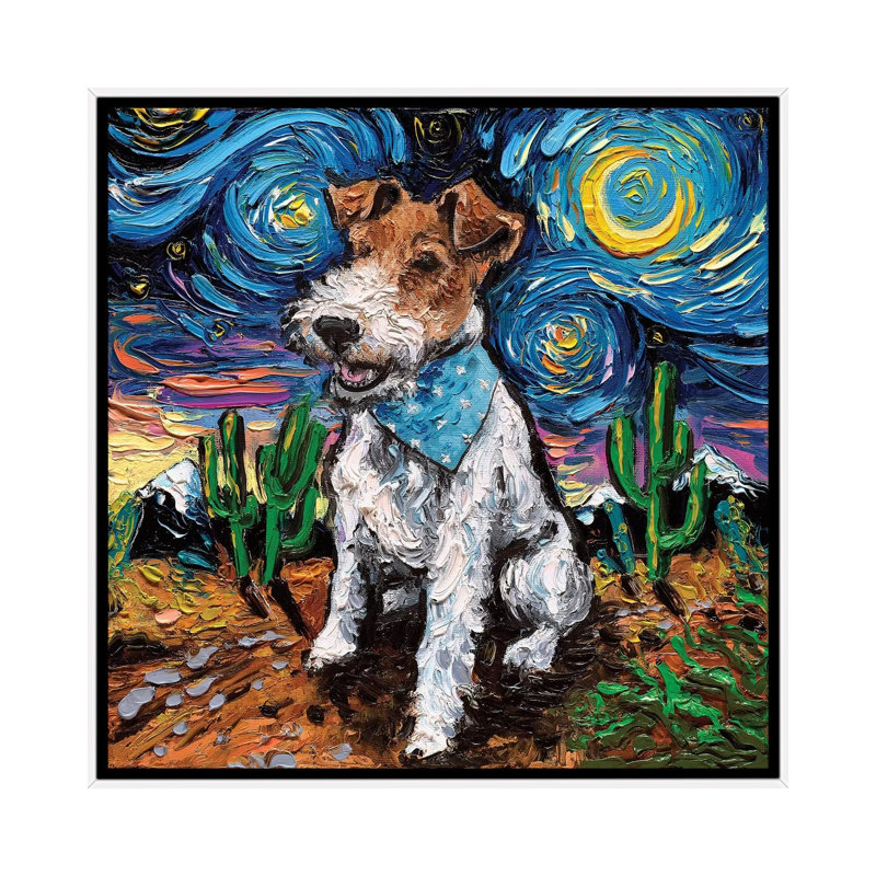 "Fox terrier Night" par AJA, reproduction d’art, H 18 po x l 18 po x 1,5 po, Toile blanche encadrée, Pas de tapis