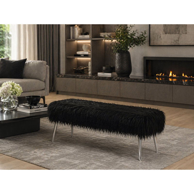 Kenzie Upholstered Bench - Lammy Faux Fur Upholstered Bench – Modern Ivory Sherpa Accent Bench with Metal Legs for Bedroom, Entryway, or Living Room - Black Bench