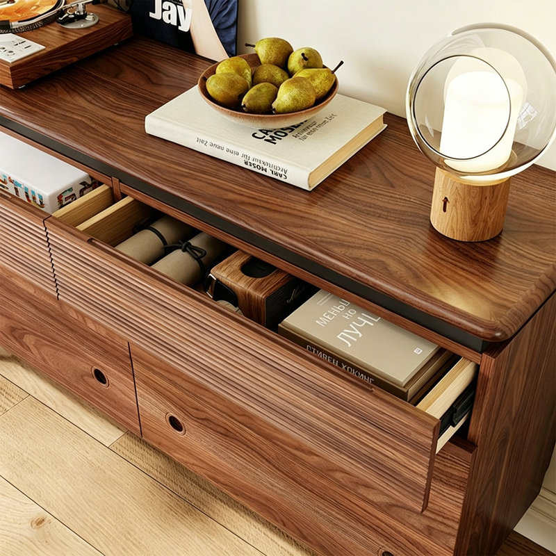 Retro Walnut Stainless Steel Buffet Table