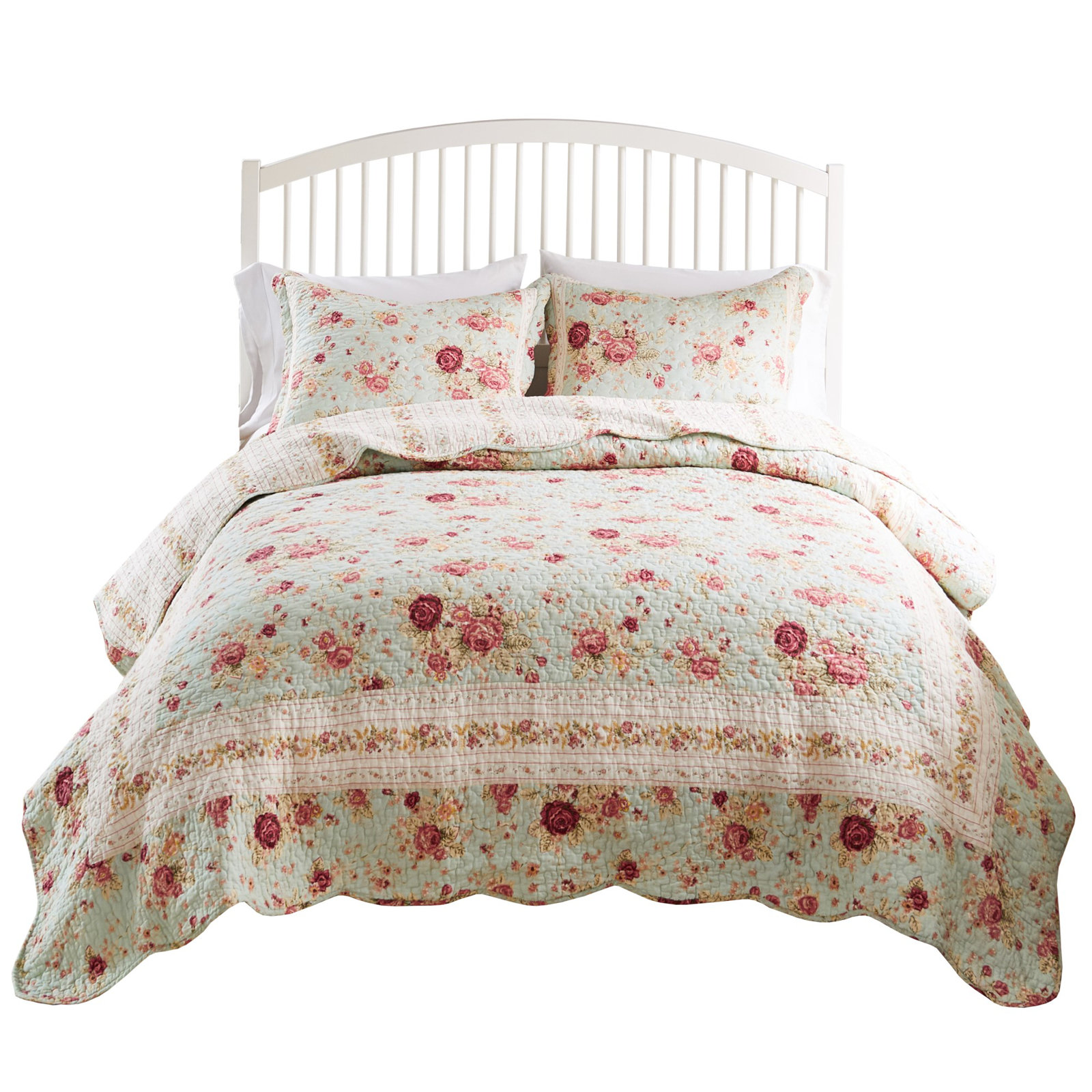Antique Rose Cotton Quilt Set, King Quilt + 2 Shams, Blue