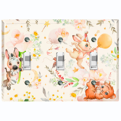 Cute Nursery Tiger Bunny Flowers 3-Gang Toggle Light Switch Wall Plate