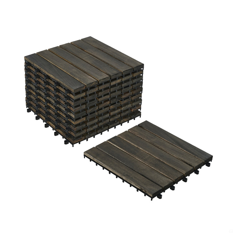 10 tuiles de terrasse à motif à rayures imbriquées, plancher carré en bois franc d'acacia 12 "x 12", Bois brun foncé
