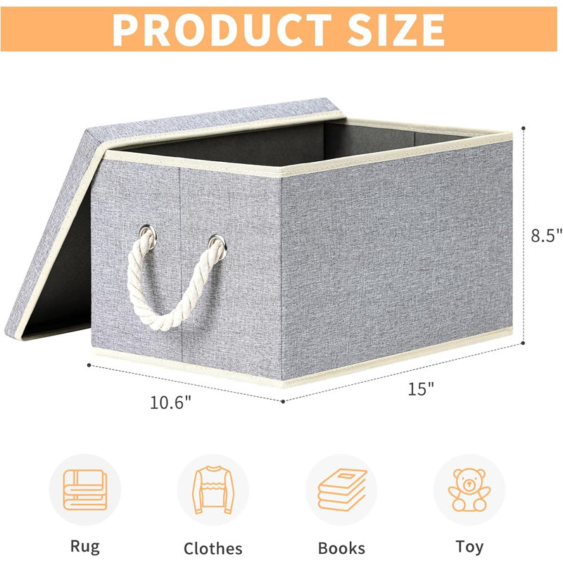 Bacs de rangement pliables en tissu avec couvercles amovibles, grandes poignées en corde de coton - Organisateurs de garde-robe pour vêtements, couvertures (paquet de 4, gris)