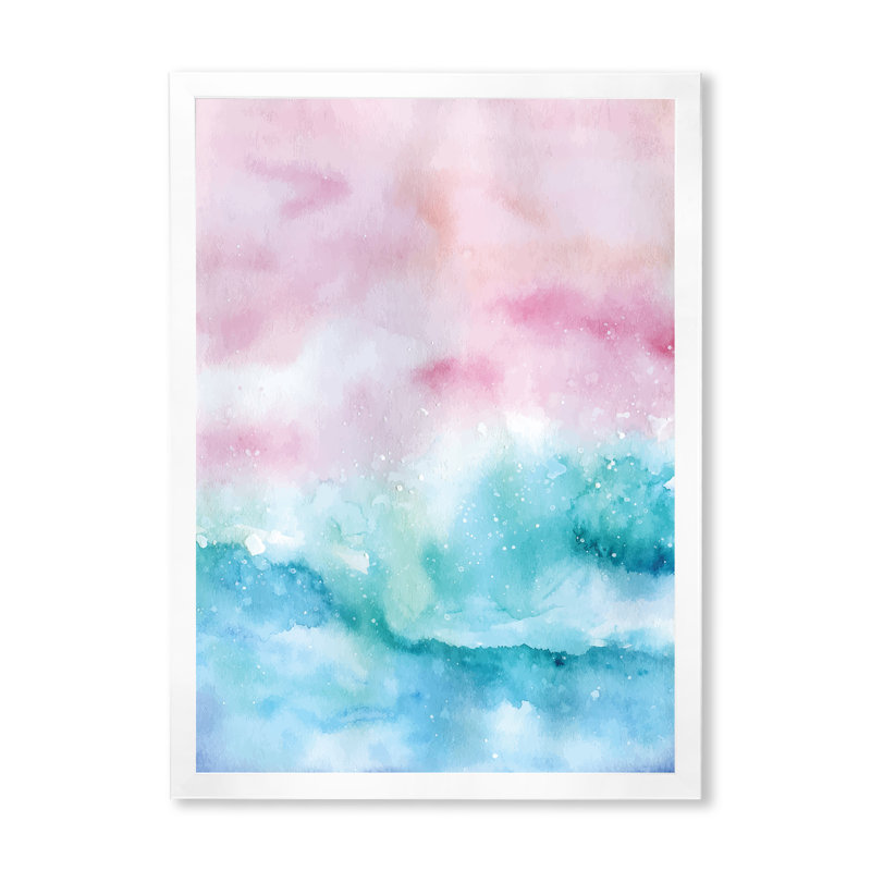 Abstrait océan rose et vagues bleues III - Peinture, H 12 po x l 8 po x P 1 po, Cadre photo blanc