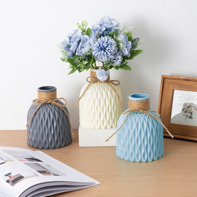 Nordic Style  Plastic Faux Ceramics Striped Vase Desktop Decor for Home, Pink
