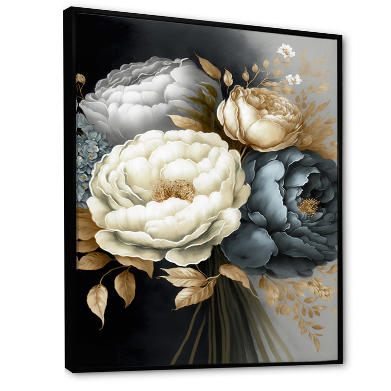 Bouquet de pivoines blanches, bleues et grises III - Impression sur toile, H 44 po x l 34 po x P 1,5 po, Cadre flottant noir