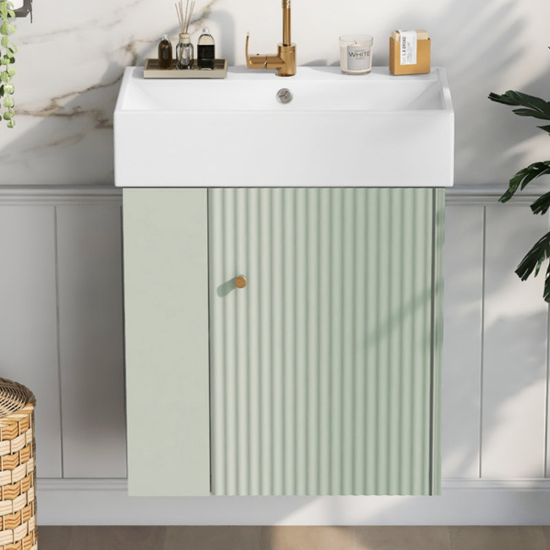 21.6 Inch Modern Floating Bathroom Vanity With Ceramic Basin - Perfect For Small Bathrooms, Left Side Storage, Bathroom Vanity