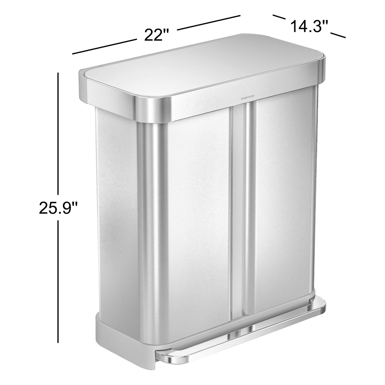 simplehuman 15.3gal Dual Recycling Step Can, Brushed