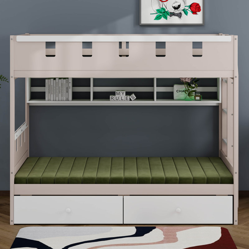 Lit superposé avec lumières DEL, lit superposé de style château en bois avec tiroirs de rangement et tablette, Twin, White