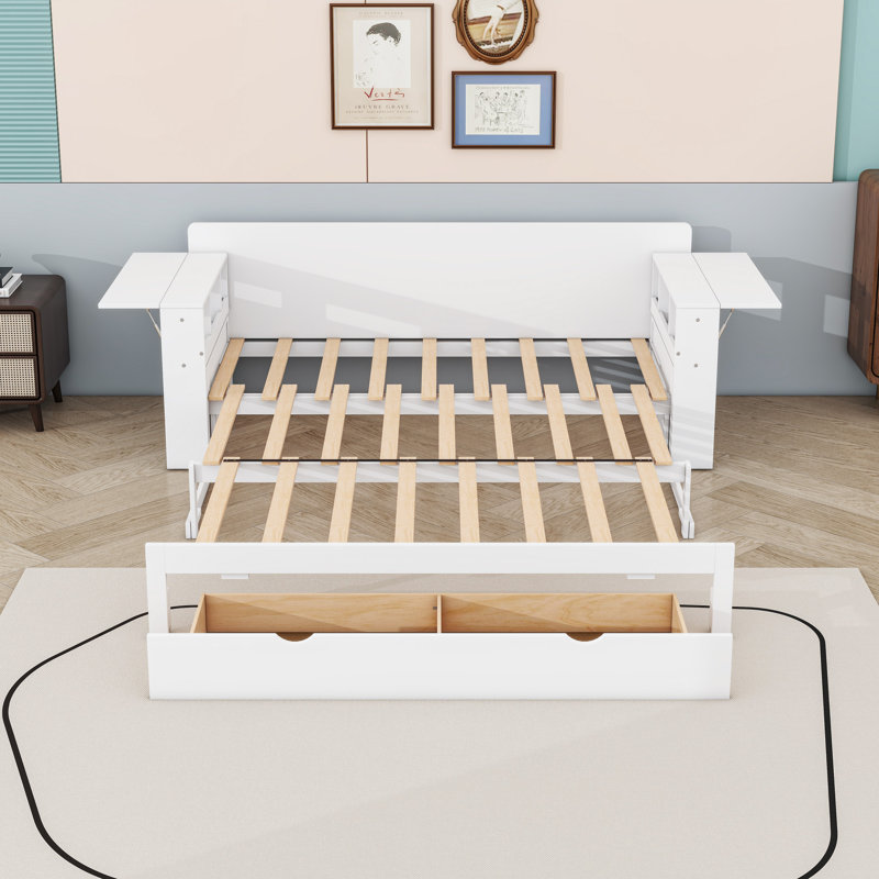 Multifunctional Wood Convertible Daybed with Built-in Desk, Storage Drawer, White, Queen