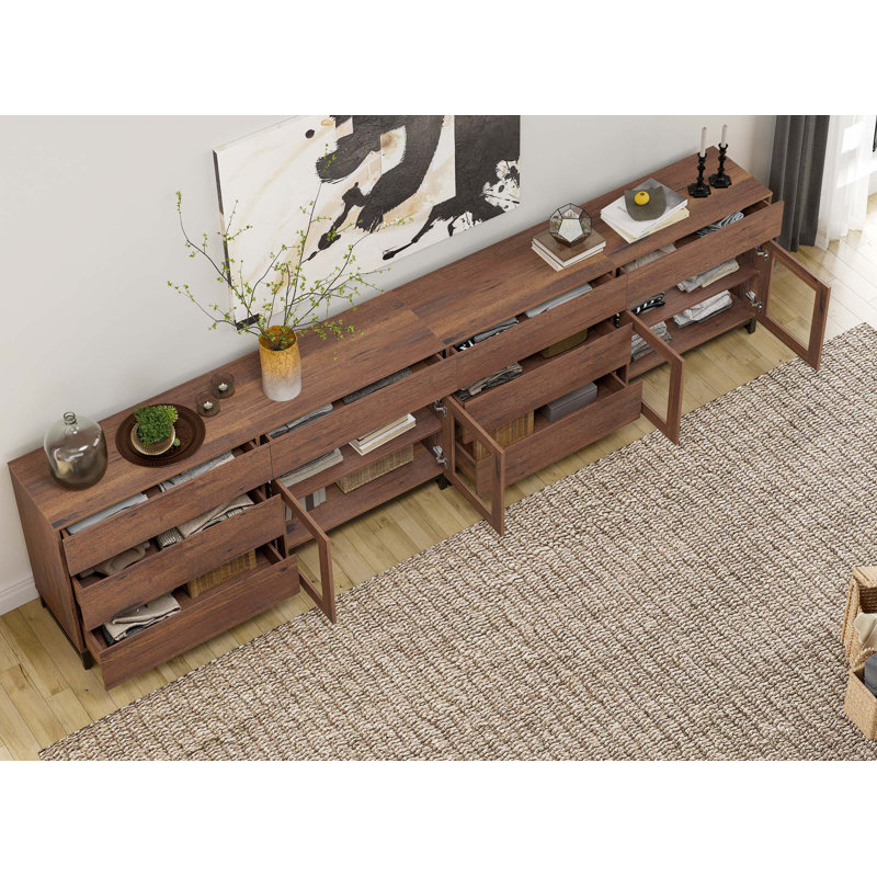 Modern 4 In 1 TV Stand For Tvs , TV Console With Glass Doors And 8 Drawers, Entertainment Center With Adjustable Shelf For Living Room