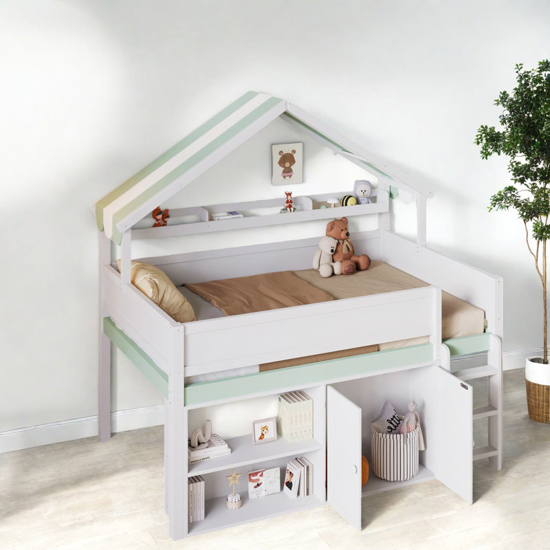 Lit mezzanine peu encombrant avec rangement, bois massif, design moderne pour la famille