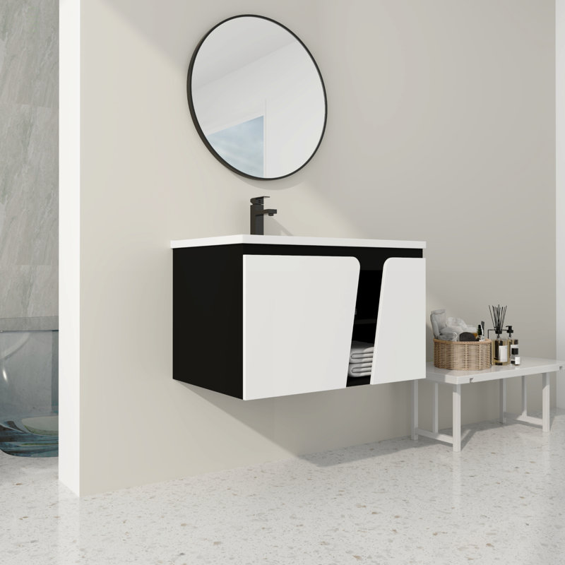 Meuble-lavabo mural flottant 32 po avec lavabo simple et porte d'armoire à fermeture en douceur 32 po