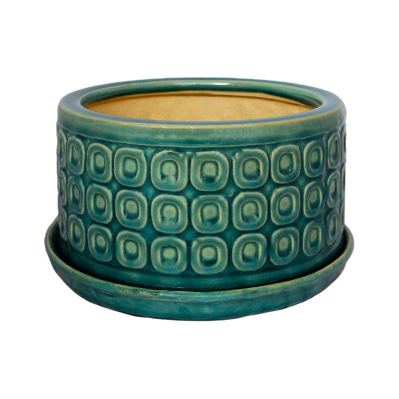 Indoor Glazed Bonsai Planter and Saucer, Teal