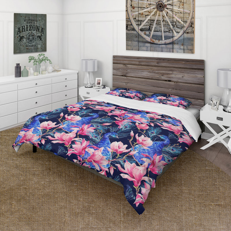 Raifah paon et fleurs de magnolia rose I - ensemble de housse de couette traditionnel - microfibre de polyester