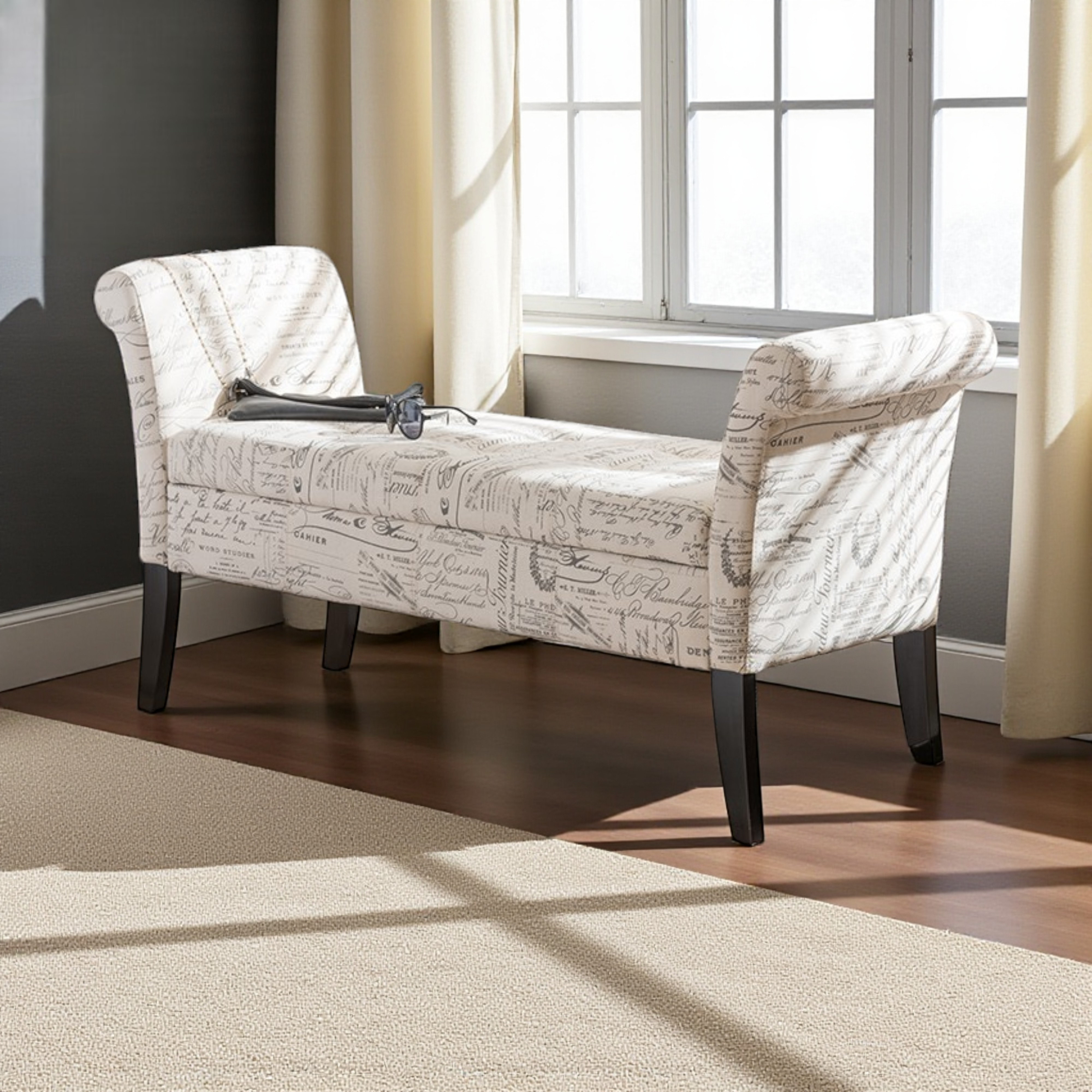 Script Bench Red Barrel Studio® Opulence French Laundry Fabric Storage Ottoman Bench ...