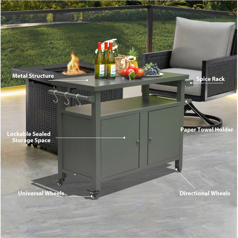 Grill Carts Outdoor Storage Cabinet With Wheels, Metal Outdoor Grill Table Kitchen Dining Table Cooking Prep BBQ Table For Patio, Kitchen Island, Home Party, Bar