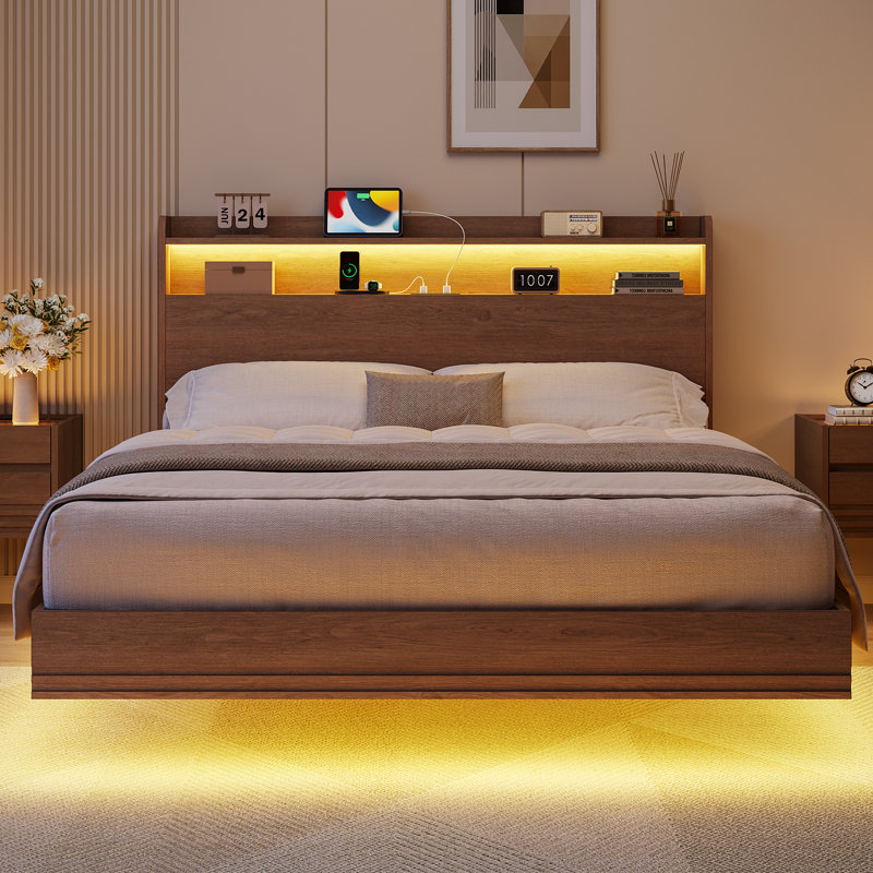 Cadre de lit flottant pleine grandeur avec rangement, station de recharge et lumières DEL, cadre de lit en bois cannelé avec tête de lit de rangement pour chambre à coucher, aucun sommier requis