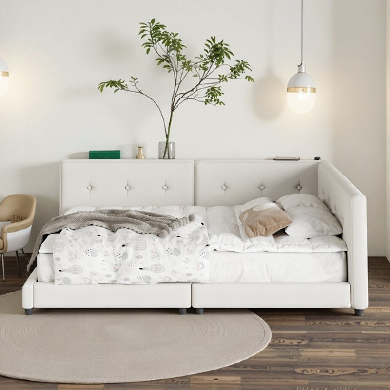 Modern Upholstered Queen Platform Bed with USB Ports – Beige Linen Fabric & Wood Frame, Beige, Queen