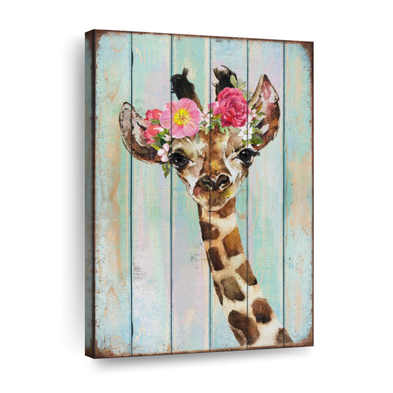 Couronne florale de girafe grunge sur toile, H 36 po x l 24 po x P 1,25 po