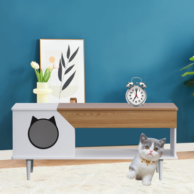 Table basse rustique en bois de 114 cm (45 pouces) adaptée aux chats, avec compartiment caché pour la litière, tiroir de rangement et porte d'entrée en forme de tête de chat, mobilier blanc pour animaux de compagnie dans le salon