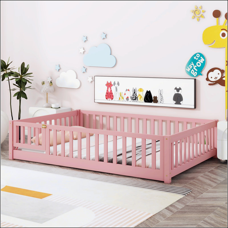 Platform Slat Bed with Door and Fence, Pink, Full