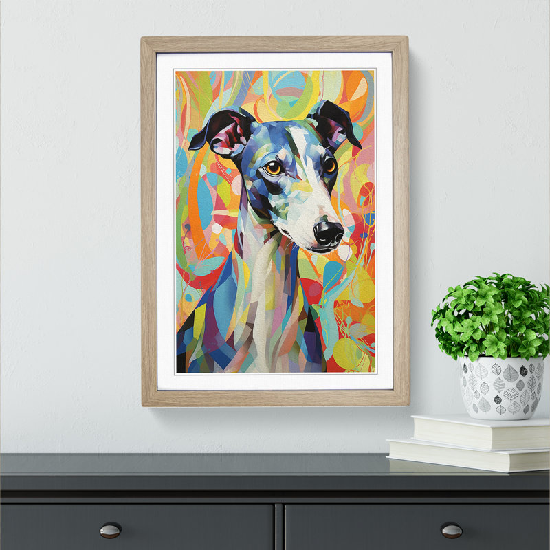 Whippet Hard Edge Painting - Framed Print, Oak , 64cm H x 46cm W x 2cm D