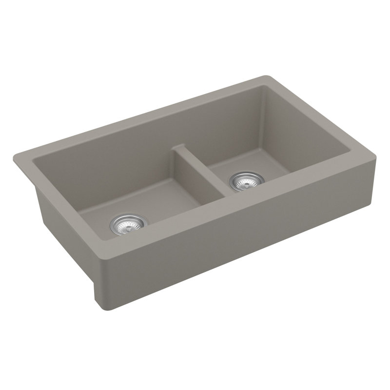 Karran Quartz 34'' X 21-1/4'' Double Bowl 60/40 Retrofit Farmhouse/Apron Front Kitchen Sink Kit, Concrete
