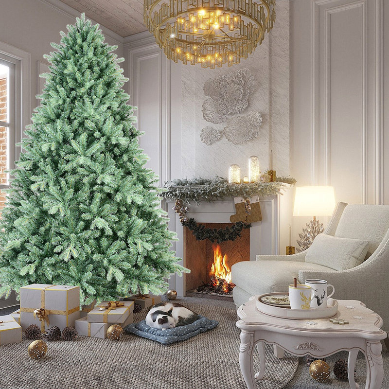 Arbre de Noël 7,5 pi avec teinte bleu-vert et 2908 pointes en PE + PVC - Arbre unique avec branches articulées, assemblage facile, support en métal stable, décoration des Fêtes accrocheuse