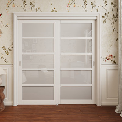 72“x80" 5 Lite Frosted Glass Sliding Closet Doors With Hardware Kit Closet Doors Pantry Door With Sliver Handle,Door Panel Is Assembled
